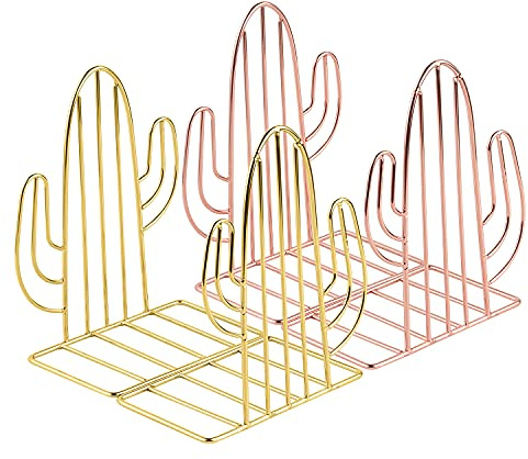 MSDADA -Serre-Livre Metal,2 Paires Serre-Livres Enfants,Cactus Serre-Livres Design, pour bureaux ,Décoratifs , Étagères,Écoles et Librairie (Or et Or Rose)