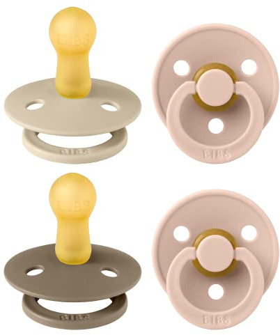 BIBS Dummies Colour 4-Pack, BPA Free Dummy Pacifier, Round Nipple Soothers, Natural Rubber Latex, Made in Denmark. 6-18 Months (Pack of 4), Baby Blush Colours