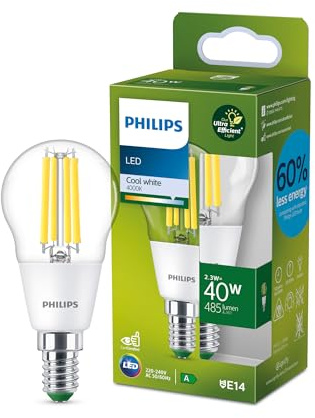 Philips Bombilla LED Tipo Vela Esférica Philips Eficiente, Casquillo E14 2.3W, 485 Lúmens, Luz Blanca Fría, 4000k, Clase Energetica A