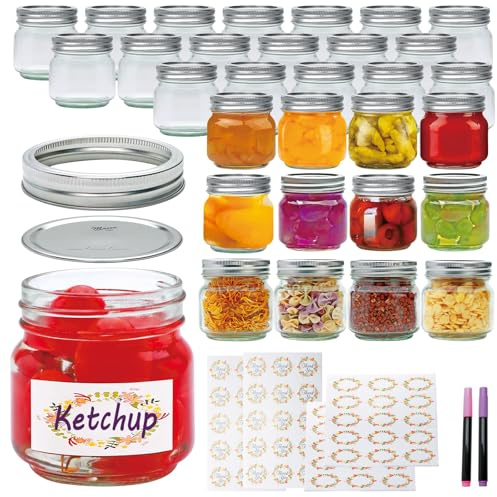 Flrolove Mason Jars 8 oz 30 Pack, Jelly Jars with Lids, Half Pint Canning Jars with Silver Lids, for Pickles, Jelly, Jam, Honey & Spice Storage, Includes 60 Labels & 2 Pens