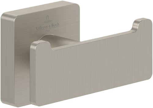 Villeroy & Boch Toallero de gancho doble Elements Striking, montaje en la pared, fabricado con latón, accesorio de baño, rectangular, 80 x 44 x 45 mm, Níquel cepillado mate