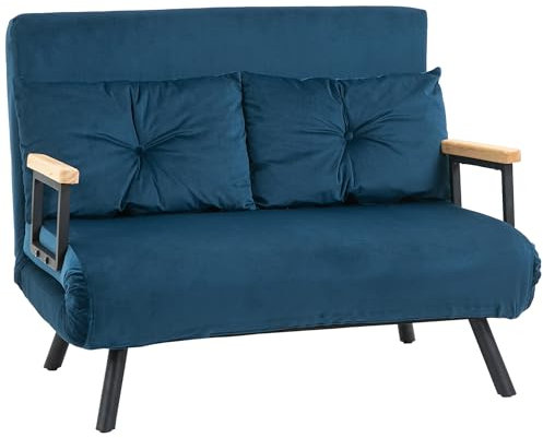 HOMCOM Schlafsofa 4 in 1 2 Sitzer Sofa mit Schlaffunktion, 183 x 98,5 cm Klappbar Couch Schlafcouch mit 5-stufig Verstellbarer Rückenlehne, Lendenkissen und Samtoptik für Wohnzimmer, Blau