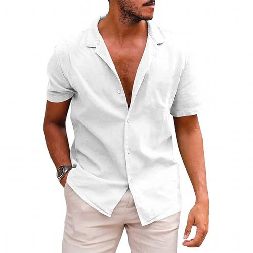 MSIYOW Camicia Lino Uomo Camicia Maniche Corte Estiva Camice Casual con Bottoni Tinta Unita Regular Fit (L, Bianco)