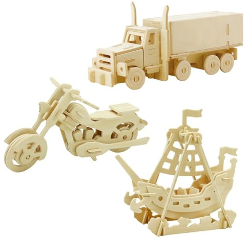 Georgie Porgy Kids Toys Construction Woodcraft Kits 3D Wooden Model Puzzle DIY Arts Crafts Kits Wooden Jigsaws (Pirate Ship Truck Motorcycle)