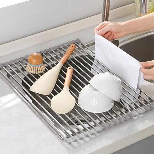 Laphontab Scolapiatti da Appoggio, Scolapiatti Pieghevole in Acciaio inox Sopra il Lavello della Cucina, Organizer Cucina Accessori & Tappetino Scolapiatti per Spugne, Tazza, Frutta, Verdura-Grigio