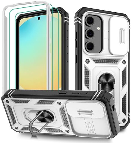 Pilaru 3 in 1 for Samsung S24 FE case | With Front Frame | [Separate] 2 Screen Protector & Kickstand Ring & Camera Cover Military Grade Drop Shockproof Protection for Galaxy S24 FE,White/Black