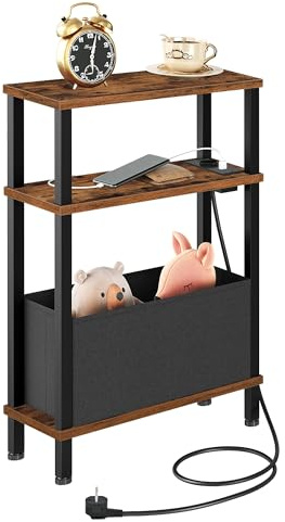 CHOEZON 3-stufiger schmaler Beistelltisch mit Ladestation für kleine Räume, Nachttisch mit herausnehmbarer Schublade aus Vlies, für Schlafzimmer, Wohnzimmer, Büro, Vintagebraun und Schwarz DTBZ07CBF