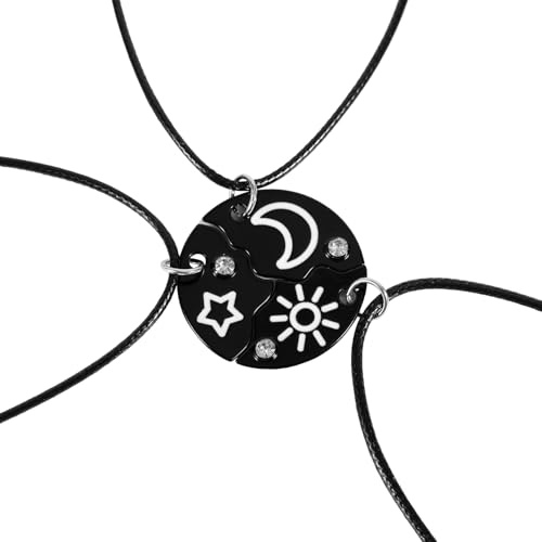 Mikovivi 3pcs Trio de Colliers d'Amitié, Colliers avec Pendentif Soleil Lune et Étoile Gravés Collier Assorti Rond Best Friends Forever avec Strass Cadeaux de Bijoux pour Femmes Sours (Noir)