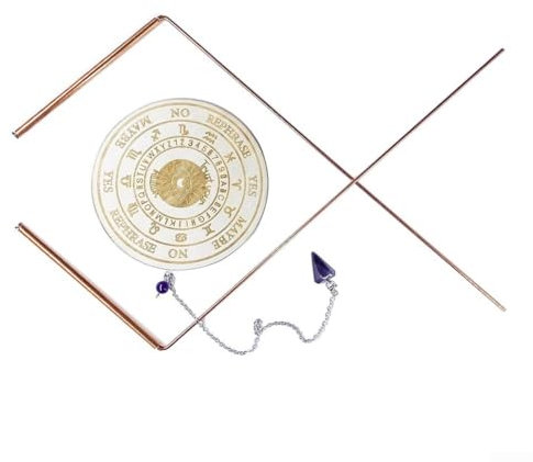 Juego de varillas de cobre con tablero de péndulo y piedra preciosa de amatista para exploración intuitiva y búsqueda de agua