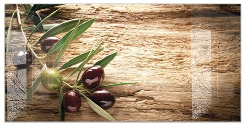 timalo Küchenbild aus Acrylglas modernes Wandbild Glasbild Deko Küche XXL Acryl-Bild wie Glas | 100x50cm Oliven altes Holz Olivenzweige, Mediterrane Küche