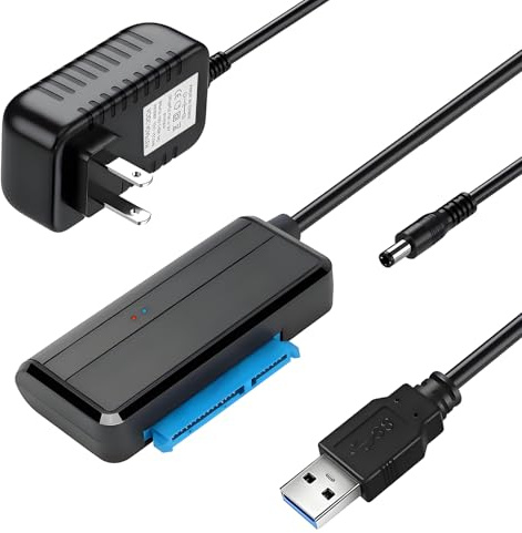 SATA to USB Adapter with power supply,USB 3.0 to SATA Adapter for External Hard Drive Cable for 2.5 SSD/HDD & 3.5 HDD up to 20TB,Includes 12V 2A Power Adapter,Compatible with UASP,WD,Seagate,Toshiba