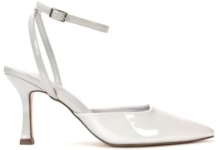 ESSEX GLAM Women's Strappy Ankle Strap Court Shoes Ladies Stiletto High Heel Point Toe Evening Party Light Grey Patent Classic Pumps Shoes Size 7