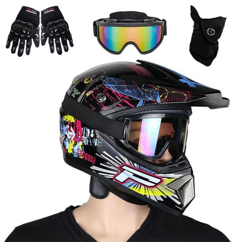 Casco da Motocross Per Bambini, Casco da Fuoristrada Per Adulti, Mountain Bike, Bmx, MX, ATV, Unisex, con Occhiali, Guanti E Maschera, Omologato DOT(S(52-53cm))