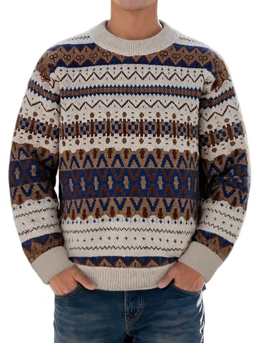 Men's Winter Knitted Jumper Jacquard Wool Jumper Jacquard Sweatshirt Norwegian Pattern Classic Sweater Stand-Up Collar Casual Shirt Thick Chunky Knit Shirt