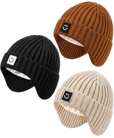 Alepo 3 Pack Baby Beanie Hats with Earflaps, 2 Size Baby Winter Hat for Newborn Infant Toddler Kids Children with Cute Smiley Face, Soft Warm Fleece Lined Knit Hat for Girls Boys-15