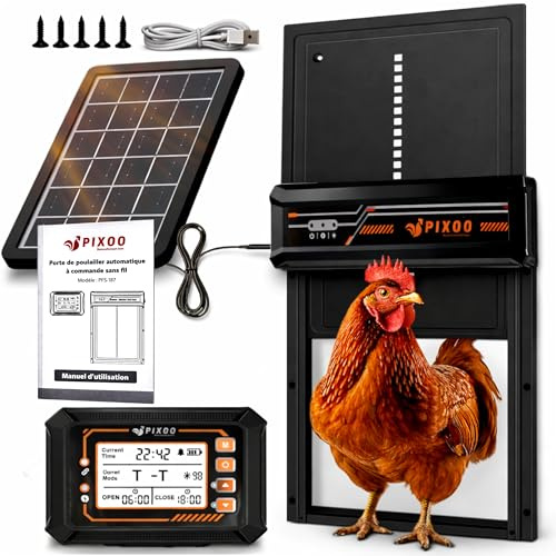 Porta Pollaio Automatico Solare, Telecomando 140 m, 4 Modalità Timer/Luminosità, Antipizzico, Alluminio IP45, Batteria Ricaricabile, 24 x 28 cm