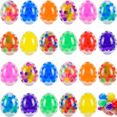 Menzcci 24 Pack Mini Easter Eggs Squeeze Squishy Stress Balls for Easter Basket Stuffers Egg Fillers Easter Egg Hunt Party Favors Gifts