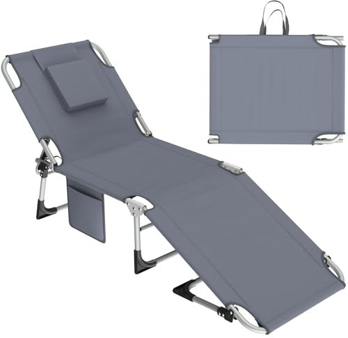 Tumbona plegable, baño de sol, jardín exterior, tumbona de playa plegable con reposacabezas en U、bolsillo, agujero de la cara y respaldo reclinable, sillón relajado, silla de camping, antracita