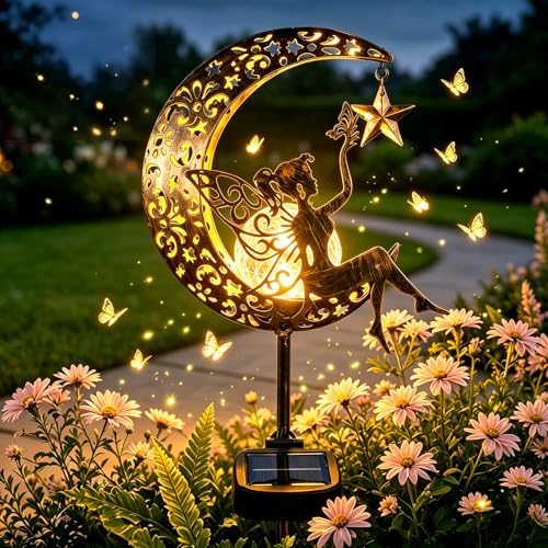 1 Pack Solar Lights Outdoor Garden Stake, Waterproof LED Solar Crackle Glass Globe Light, Metal Moon Fairy Garden Ornaments, Warm White Outdoor Decor Light for Yard Path Lawn Patio(Fairy Star)