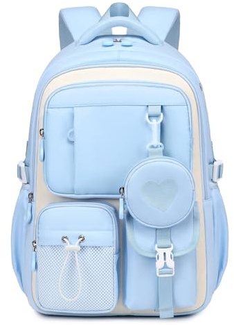 QIXIHU School Bag for Girls, Cute Aesthetic Kids Backpack for Primary School, Large Casual Rucksack Travel Bookbag with Heart Coin Purse