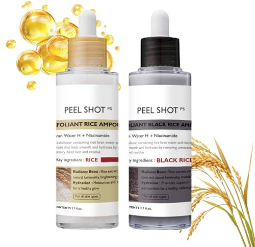 Siero Coreano Esfoliante al Riso, Peel Shot Glow Rice Ampoule Duo, Siero Esfoliante al Riso, Coreano Punti Neri Rimozione, Riduce Pori, Idratante e Illuminante, pelli sensibili (80ml* 2 Pack)