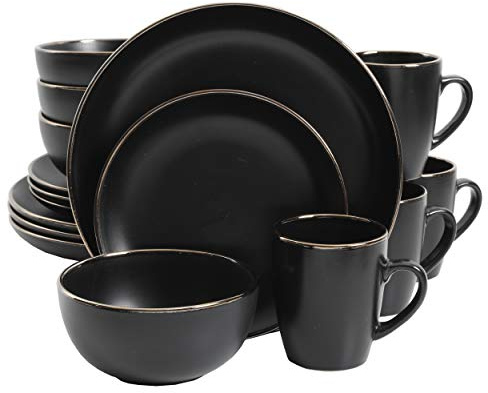 Gibson Home Rockaway Round Stoneware Dinnerware Set, Service for 4 (16pcs), Black/Gold Rim