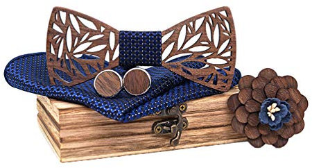 HZQIFEI Noeud Papillon en Bois Sculpté avec Broche à Fleurs, Mouchoir et Boutons de Manchette pour Cadeau, Réception, Mariage (Style#2)