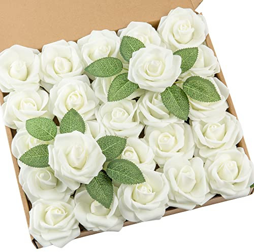DuHouse Künstliche Rosen Blumen Fake Schaumstoff Rosen Köpfe mit Stiel Künstliche Blumen Rose für Hochzeit Home Party Baby Dusche Valentinstag Deko(25 Stück,Creme)