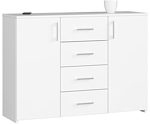AKORD Kommode K45 110 cm | mit 2 Türen und 4 Schubladen | Schrank | für das Wohnzimmer | für das Schlafzimmer | B110 x H80 x T35 cm | Gewicht 48,00 kg | Weiß
