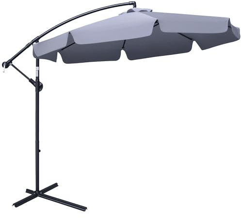 Outsunny 2.7m Garden Banana Parasol Cantilever Umbrella with Crank Handle and Cross Base for Outdoor, Hanging Sun Shade, Dark Grey