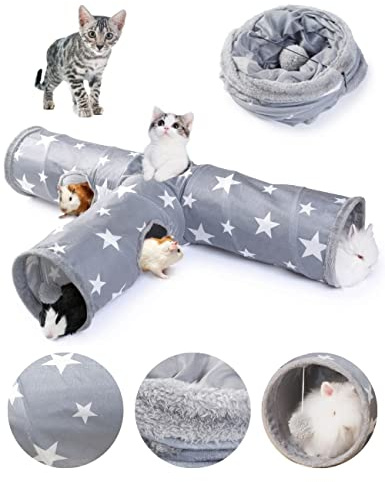 JanYoo Bunny Tunnel Rabbit Hideout Cat Toys for Rabbits Accessories Guinea Pig Ferret Kitty 3 Ways Collapsible Tunnels (Star)