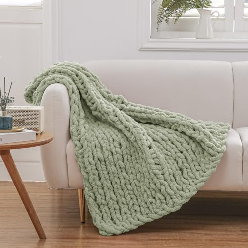 WESHIONGOO Chunky Knit Blanket Throw Cable Knit Throw Blanket for Couch Bed Throw Blanket with Jumbo Chenille Yarn Thick 100% Handmade (Sage Green, 40×40)