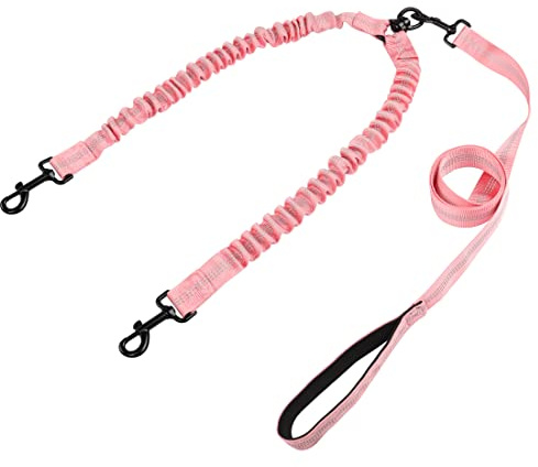 YAODHAOD Double Dog Leash for Two Dogs, 360° Swivel No Tangle with Soft Handle,Shock Absorbing Bungee Reflective Heavy 2 Dog Leashes, Walking & Training Leash Two Dogs Splitter (Pink)