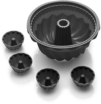 Coolinato - Silikon Backform 5er Set für Gugelhupf Kuchen Grau - Guglhupf Silikonformen 1x 24cm & 4x 8cm zum Backen - Kuchenform Platinsilikon backofenfest bis 230°C & antihaft inkl. tollen 4 Rezepten