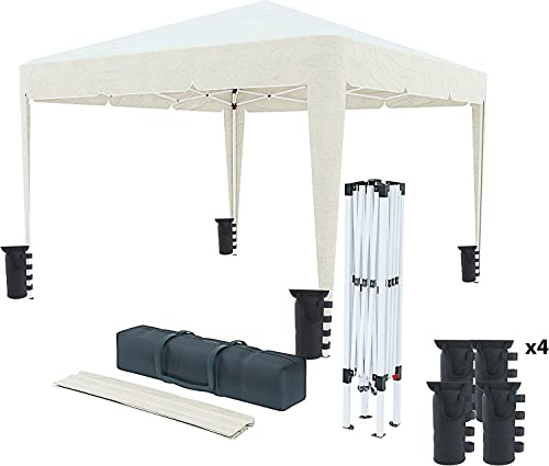 BRICOZONE Gazebo 3 x 3 M Pieghevole Idrorepellente Struttura Acciaio Copertura 160 gr/m² Con 4 Sacche Per Pesi E Sacca Di Trasporto Chiusura A Fisarmonica Da Giardino Campeggio Esterno Fiere (Beige)