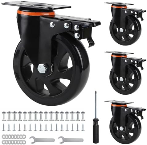 SWAWIS 4Pcs Schwerlastrollen 125mm, Lenkrollen mit Bremse, Möbelrollen Polyurethan mit Montagezubehör 360°Drehbar Transportrollen, Rollen Schwerlast für Möbel Trolley Tisch Schrank, Tragkraft 720KG