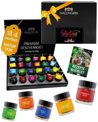 Hallingers Genuss Manufaktur Gewürze Geschenkset – 24 Premium Gewürze aus aller Welt im Glas, edle Geschenkbox, Gewürz-Set Selection, Geschenkidee für Männer & für Frauen, auch zu Weihnachten