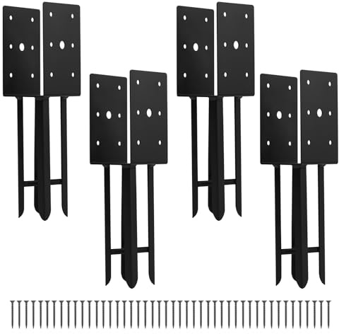 4x 4 Wet Concrete Fence Post Anchor 4 Pcs(Inner Dia 3.6x3.6) Heavy Duty U Shape Fence Post Holder Ground Spike Metal Black Powder Coated for Fence, Railing, Pergola Wood Post Bracket Anchor