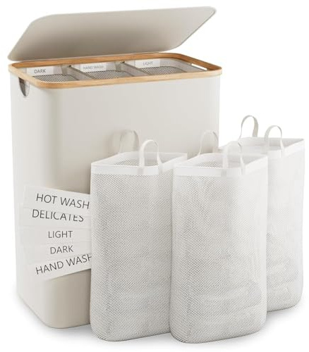Wäschekorb Mit Deckel, 145L Extra Große Wäschekorb 3 Fächer Schmutzige Kleidung Korb für Wäsche Mit Abnehmbaren Wäschesäcken, Körbe für Schlafzimmer, Waschküche, Beige