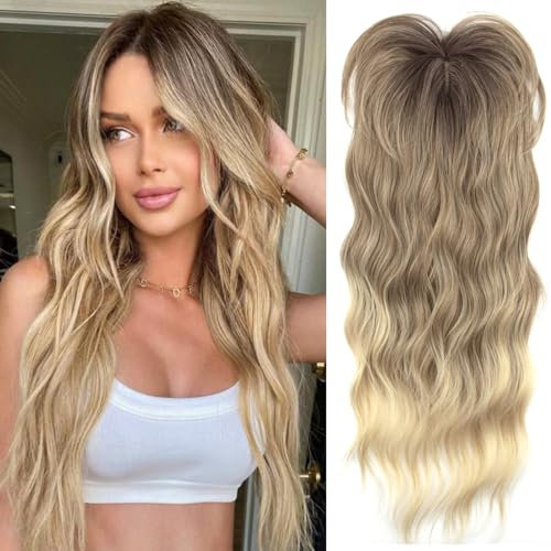 PORSMEER Haar-Topper Ombre blond für Frauen 45cm Lang Gewelltes Haarteile Synthetische Perücken-Topper für dünnes Haar Highlight Clip In Wiglet mit Pony Haarvolumen hinzufügen