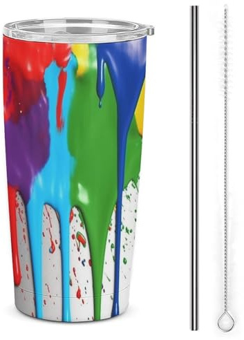 LFDSPYJE Bicchiere da 590 ml in acciaio inox, tazza da viaggio con schizzi di vernice, bicchiere isolato, a doppia parete, tazza da caffè sottovuoto con coperchio con cannuccia, spazzola per la