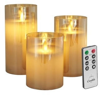 Candela Lights LED Candle Set Real Wax Including Glass with Remote Control Timer Function and Multi-Level Dimmable Moving Flame Real Wax Candles (Gold)