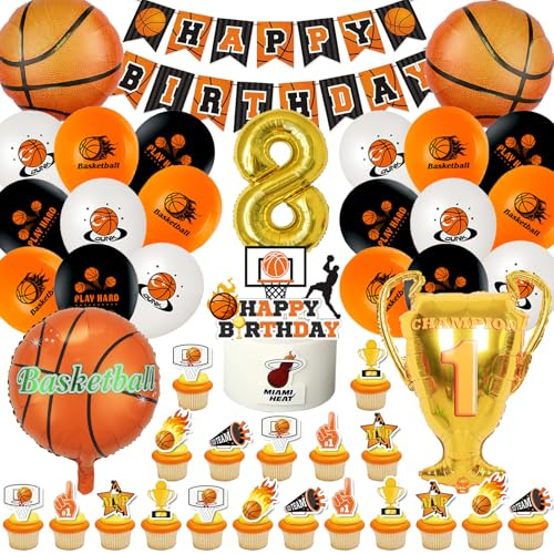 Balloon Anniversaire Basket 8 Ans,Décoration Anniversaire Basket Enfant,Basketball Anniversaire Fête Kit avec Bannière Gâteau Topper,Basketball Garçons Filles Fournitures de Anniversaire
