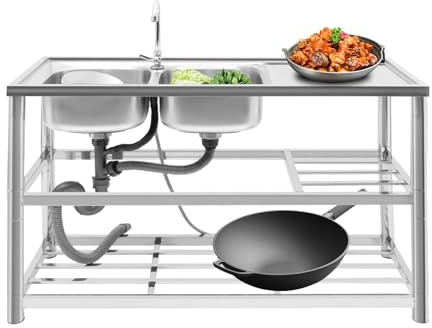 Lavello da cucina autoportante, in acciaio inox commerciale con 2 vasche da lavoro, rubinetto e scarico, doppio lavello per interni esterni, 120 x 45 x 80 cm