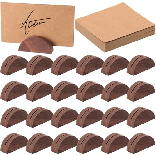 Colingmill 24 Pcs Wooden Table Number Stands Wedding Table Name Holder Semicircular Design Place Card Holders with 24 Pcs Tented Cards for Retail Shop Wedding Party Events Decoration(Brown)