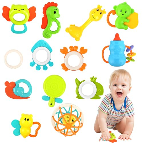 OFFCUP 13 Pcs Juguetes Bebes 0-12 Meses, Sonajeros Bebes y Anillos de Dentición Niño, Sonajero Montessori Bebe Juguetes Unisex 0 3 6 9 12 Meses Regalo Bebe Ecién Nacidos
