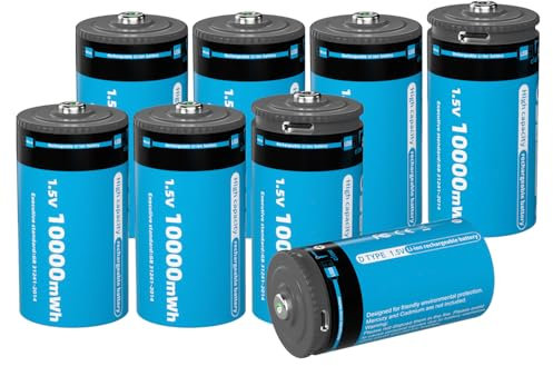 Pilas de Litio D Recargables Paquete de 8 Batería D Alto Rendimiento 10000mWh 1,5V para Linternas, Radios, Relojes, Estéreos, Etc