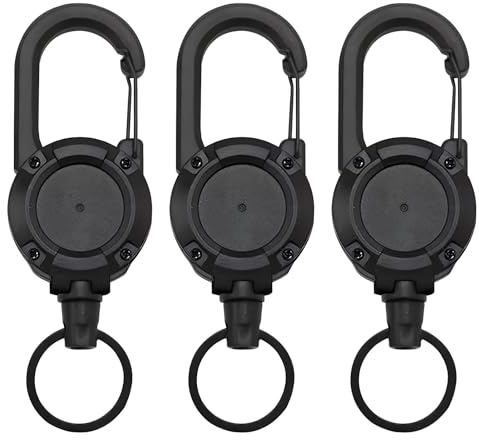 Llavero retráctil de 3 piezas negro con cable de acero, 80 cm, llavero extensible con mosquetón para identificación de seguridad, trabajo de ocio