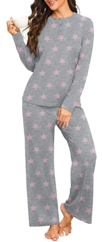 PrinStory Pigiama da donna a maniche lunghe Henley Pjs pigiameria a gamba larga pantaloni da notte con tasche