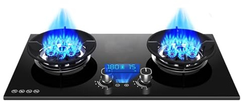 THEGA Cucina A Gas A 2 Fuochi - Piano Cottura da 5,2 KW, Fornello in Vetro Temperato, Bruciatore A 9 cavità, Installazione da Tavolo E da Incasso, per Cucina di Casa(LPG)